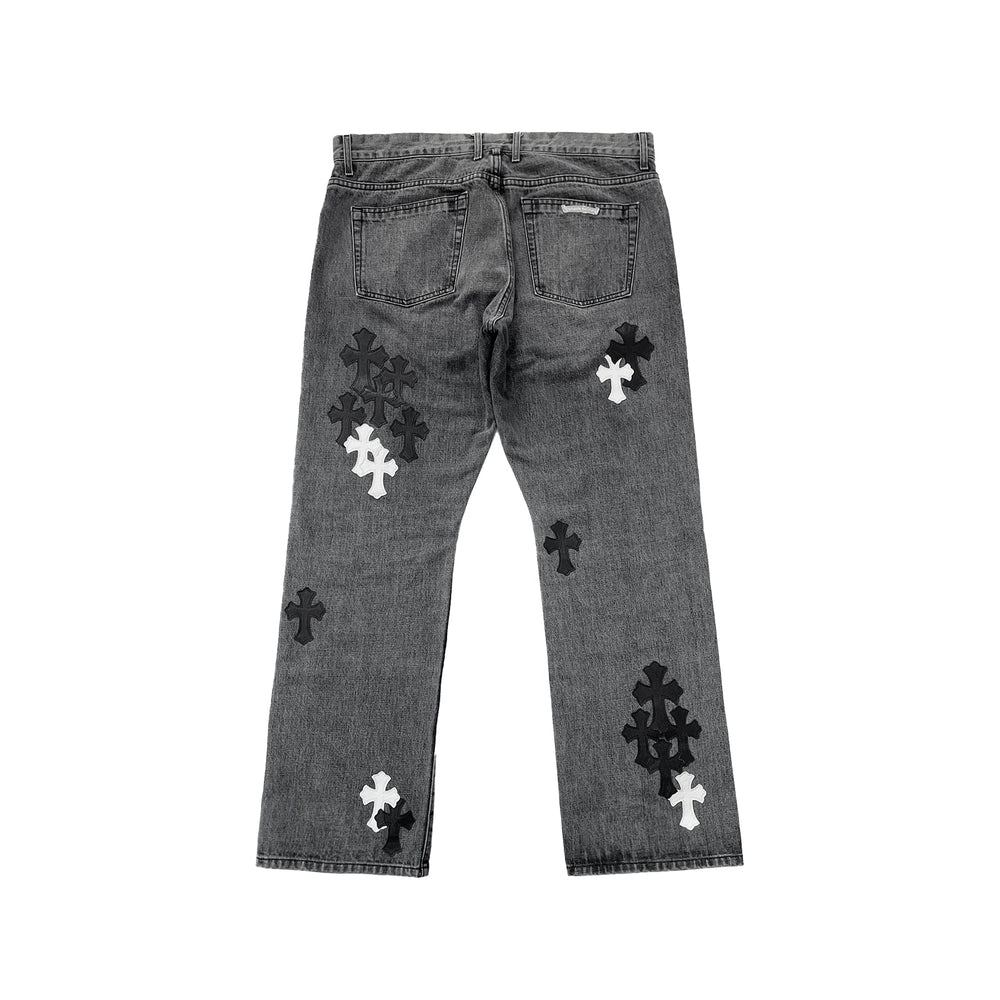 Chrome Hearts Black & White Cross Patch Flame Knee Jeans - SHENGLI ROAD MARKET
