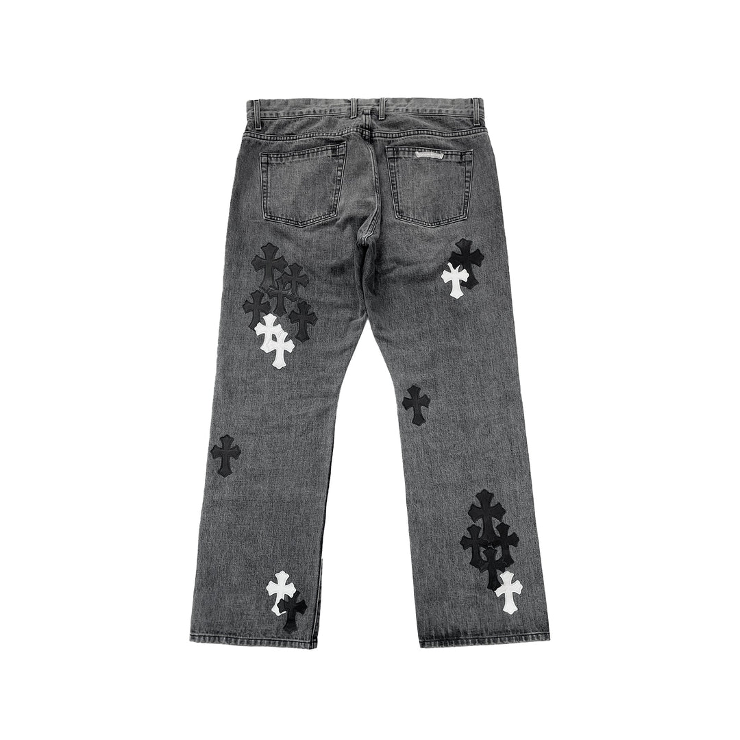 Chrome Hearts Black & White Cross Patch Flame Knee Jeans - SHENGLI ROAD MARKET