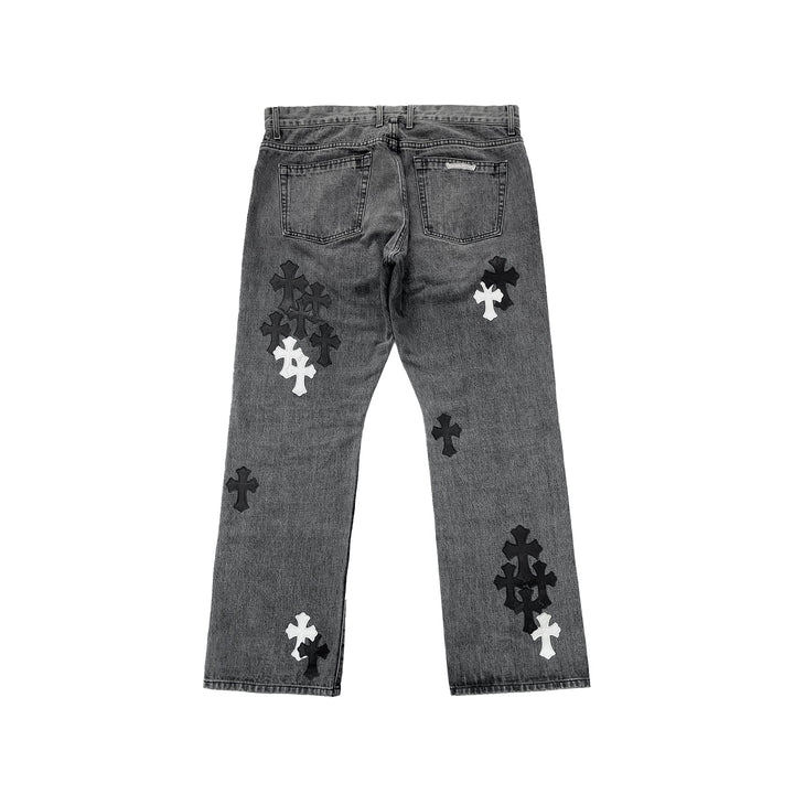 Chrome Hearts Black & White Cross Patch Flame Knee Jeans - SHENGLI ROAD MARKET