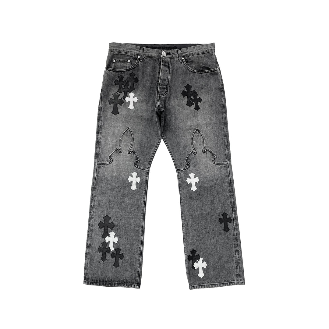 Chrome Hearts Black & White Cross Patch Flame Knee Jeans - SHENGLI ROAD MARKET