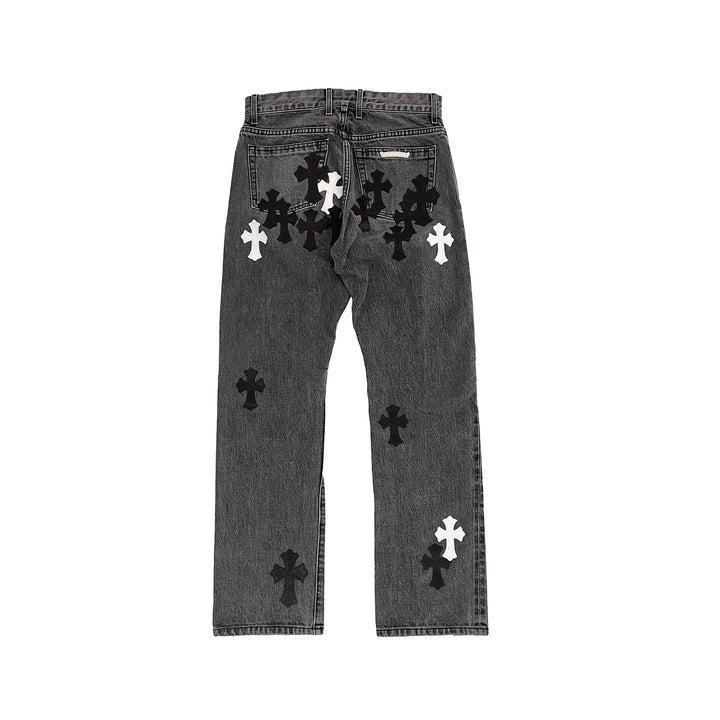 Chrome Hearts Black & White Cross Patch Flame Knee Jeans - SHENGLI ROAD MARKET