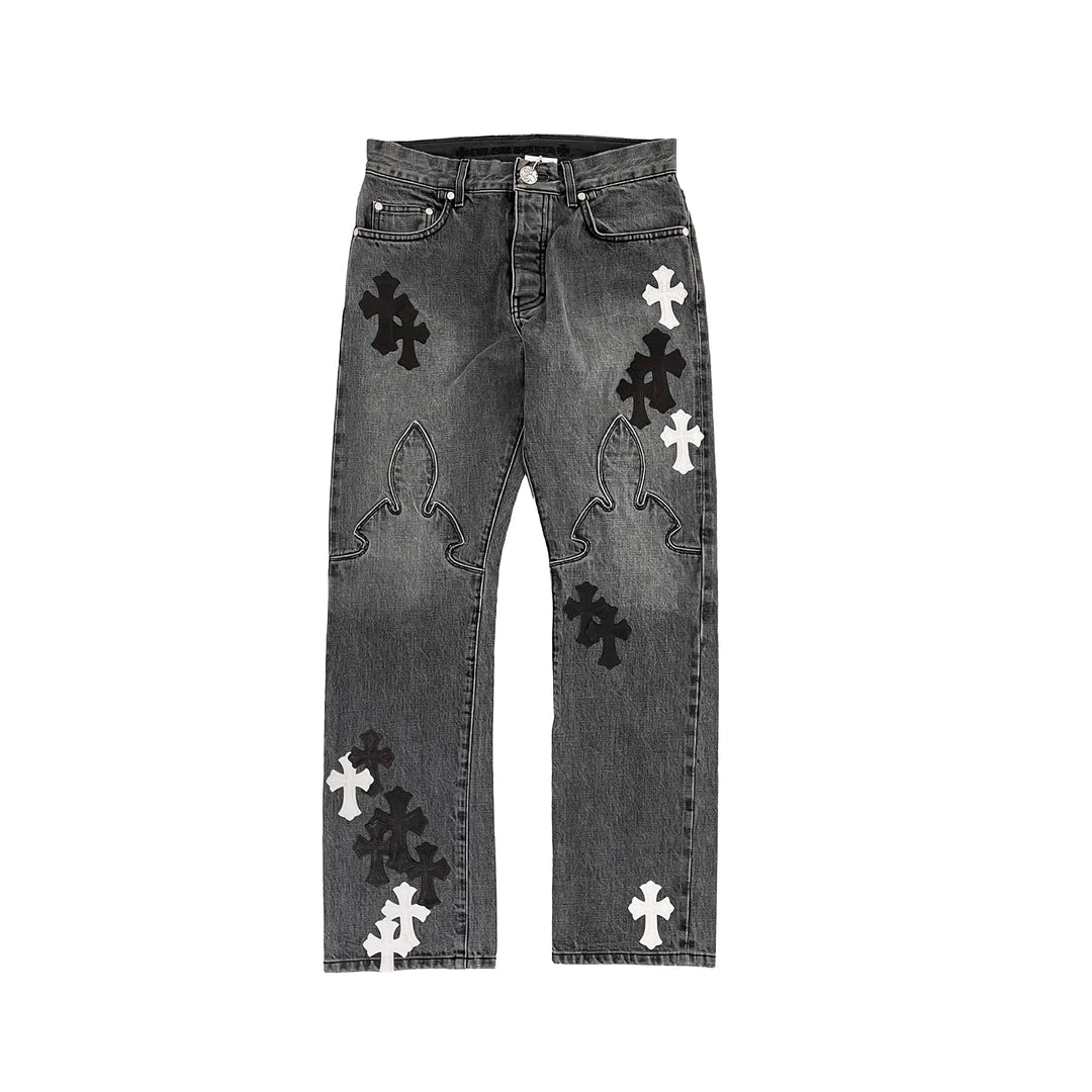 Chrome Hearts Black & White Cross Patch Flame Knee Jeans - SHENGLI ROAD MARKET