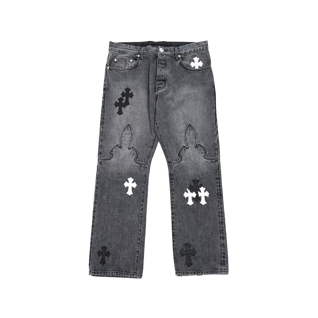 Chrome Hearts Black & White Cross Patch Fleur Knee Jeans - SHENGLI ROAD MARKET