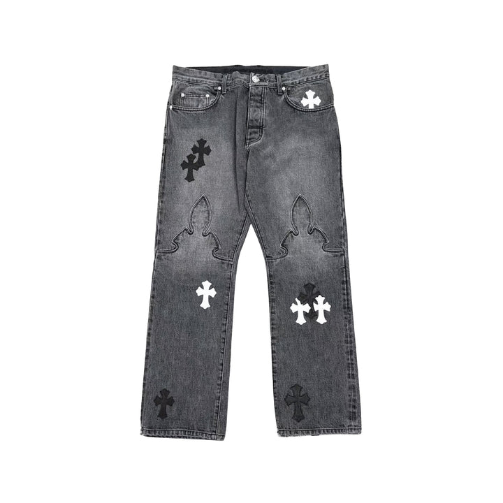 Chrome Hearts Black & White Cross Patch Fleur Knee Jeans - SHENGLI ROAD MARKET