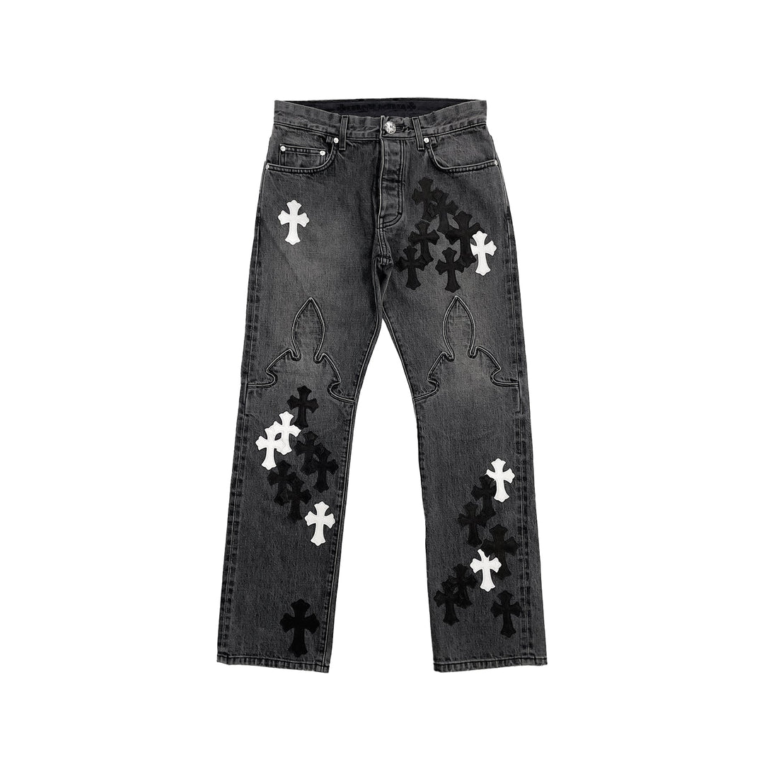 Chrome Hearts Black & White Cross Patch Fleur Knee Jeans - SHENGLI ROAD MARKET