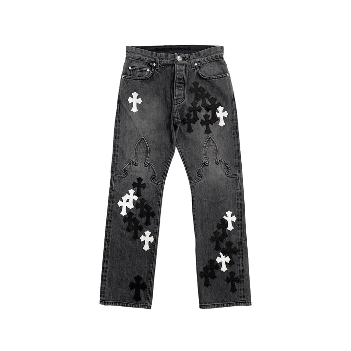 Chrome Hearts Black & White Cross Patch Fleur Knee Jeans - SHENGLI ROAD MARKET