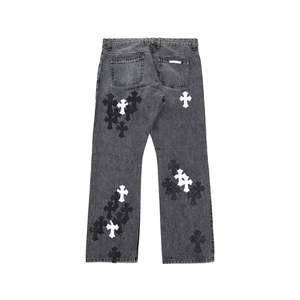 Chrome Hearts Black & White Cross Patch Fleur Knee Jeans - SHENGLI ROAD MARKET