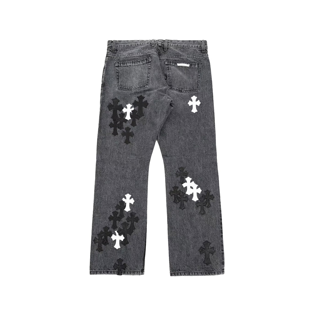Chrome Hearts Black & White Cross Patch Fleur Knee Jeans - SHENGLI ROAD MARKET