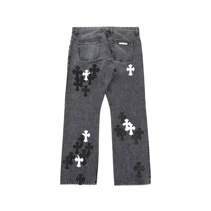 Chrome Hearts Black & White Cross Patch Fleur Knee Jeans - SHENGLI ROAD MARKET