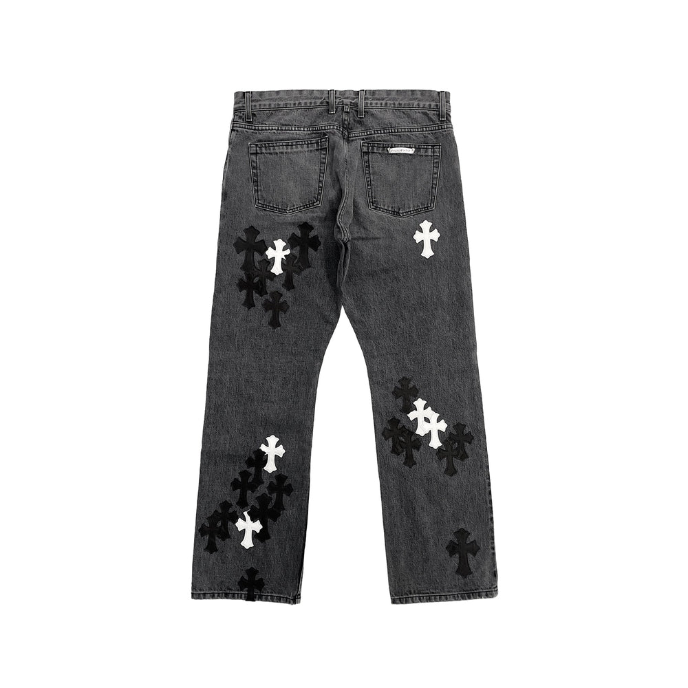 Chrome Hearts Black & White Cross Patch Fleur Knee Jeans - SHENGLI ROAD MARKET