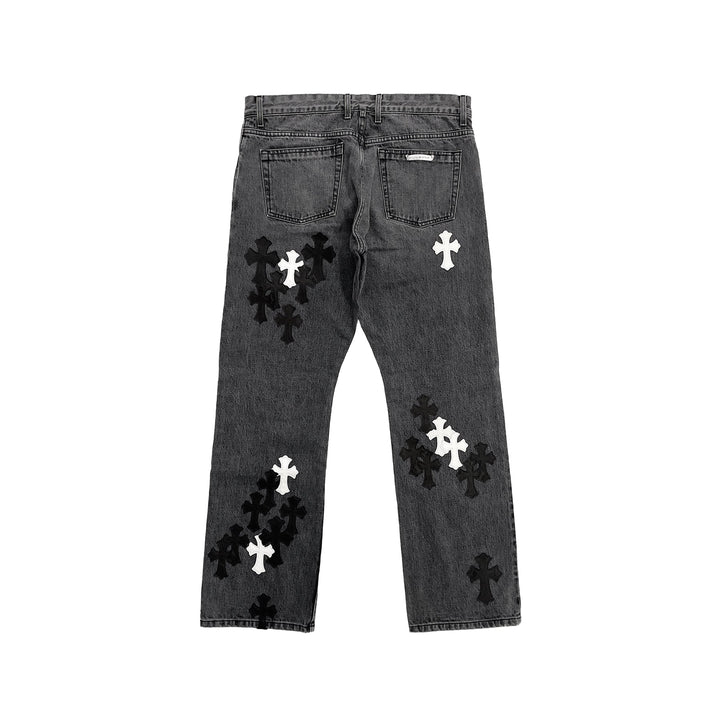 Chrome Hearts Black & White Cross Patch Fleur Knee Jeans - SHENGLI ROAD MARKET