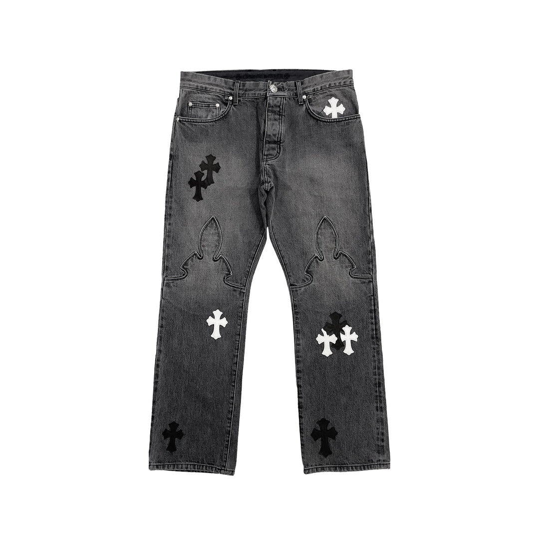 Chrome Hearts Black & White Cross Patch Fleur Knee Jeans - SHENGLI ROAD MARKET