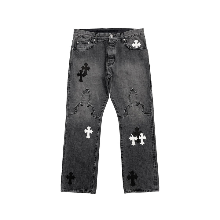 Chrome Hearts Black & White Cross Patch Fleur Knee Jeans - SHENGLI ROAD MARKET