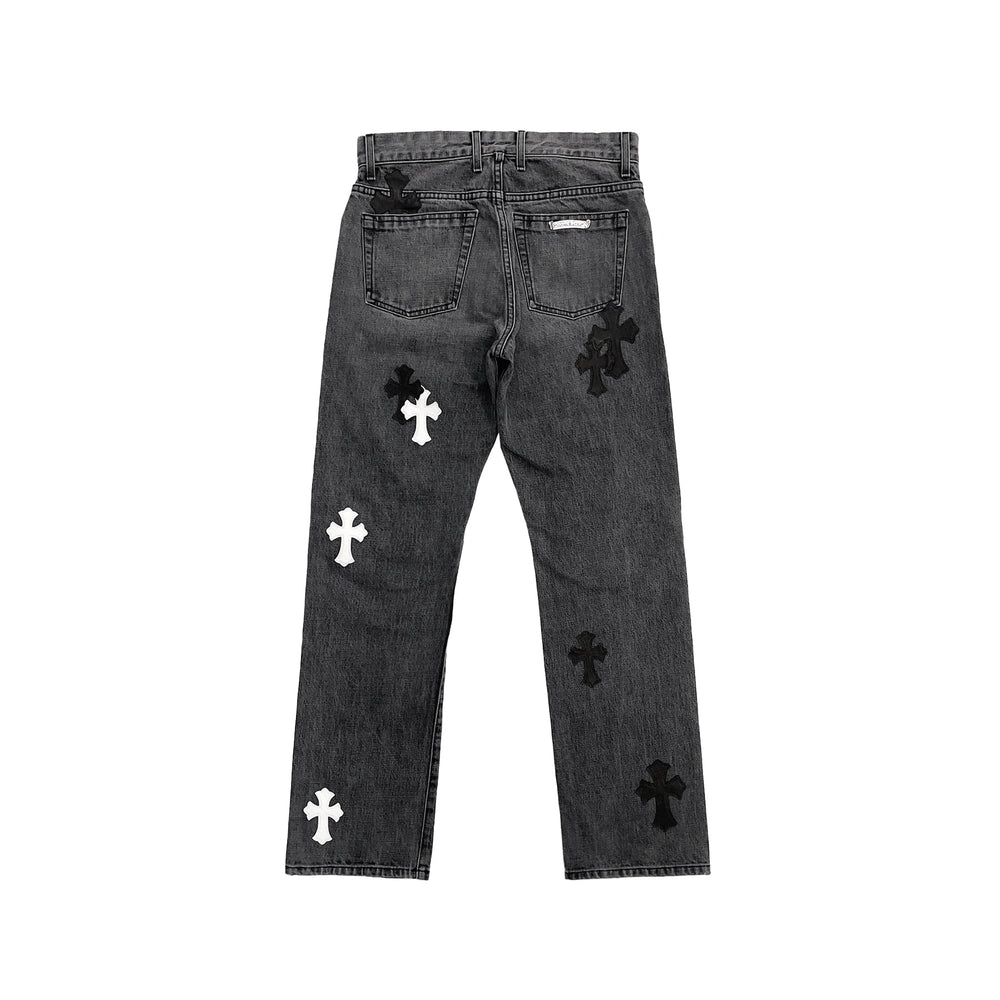 Chrome Hearts Black & White Cross Patch Fleur Knee Jeans - SHENGLI ROAD MARKET
