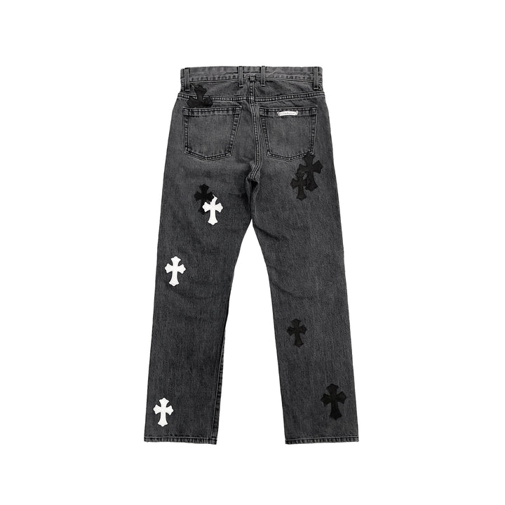 Chrome Hearts Black & White Cross Patch Fleur Knee Jeans - SHENGLI ROAD MARKET