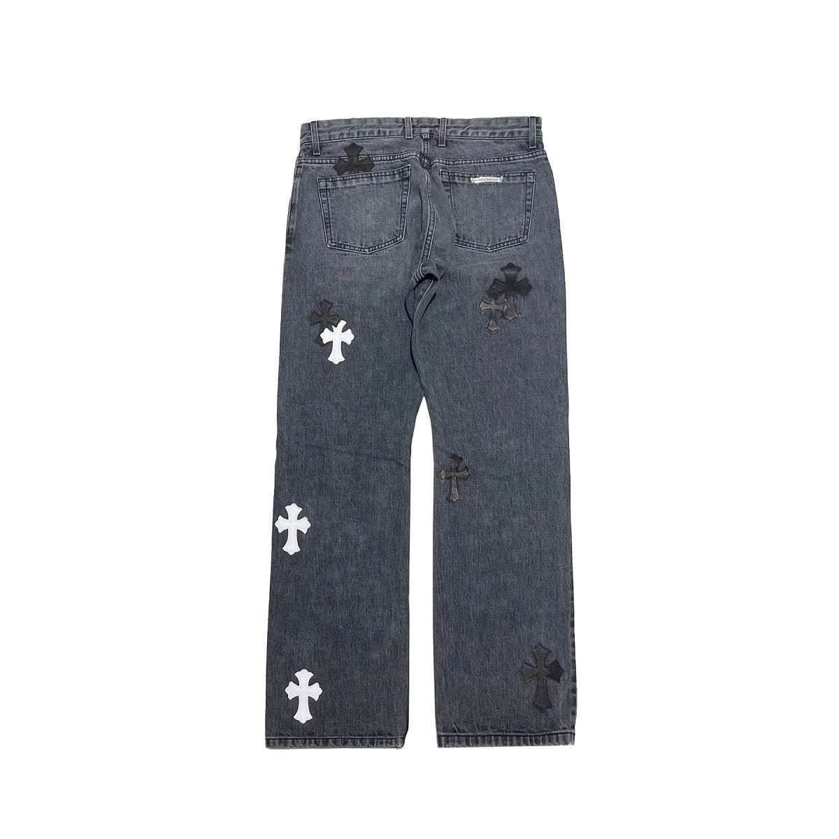 Chrome Hearts Black & White Flame Cross Leather Patch Jeans - SHENGLI ROAD MARKET