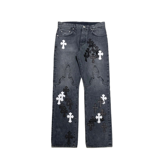 Chrome Hearts Black & White Flame Cross Leather Patch Jeans - SHENGLI ROAD MARKET