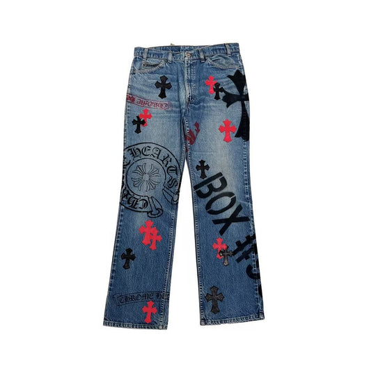 Chrome Hearts Black&Red Cross Patches Spraypainted Jeans - SHENGLI ROAD MARKET