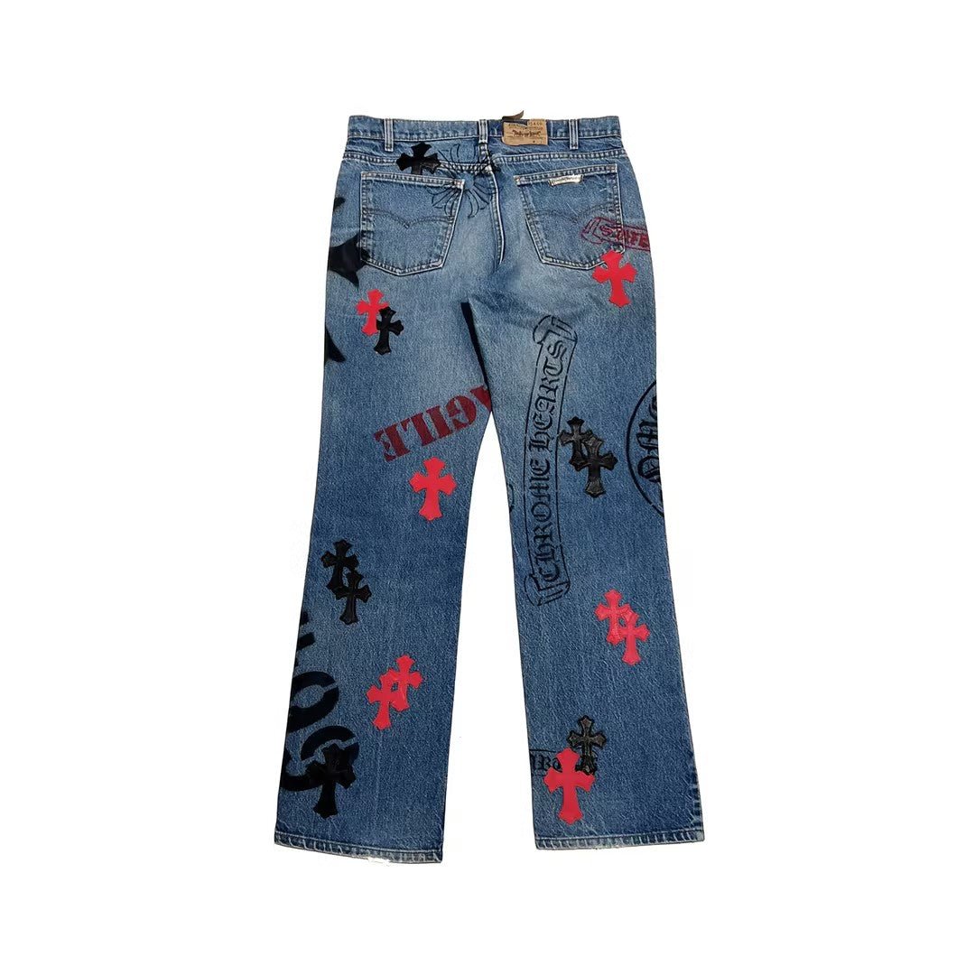 Chrome Hearts Black&Red Cross Patches Spraypainted Jeans - SHENGLI ROAD MARKET