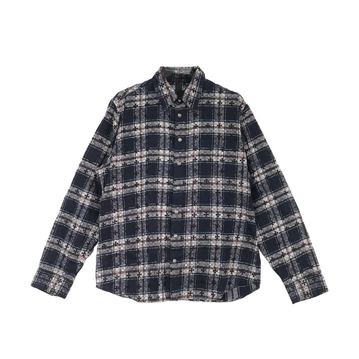 Chrome Hearts Blue & Black Mongram Cross Silver Button Flannel Shirt - SHENGLI ROAD MARKET