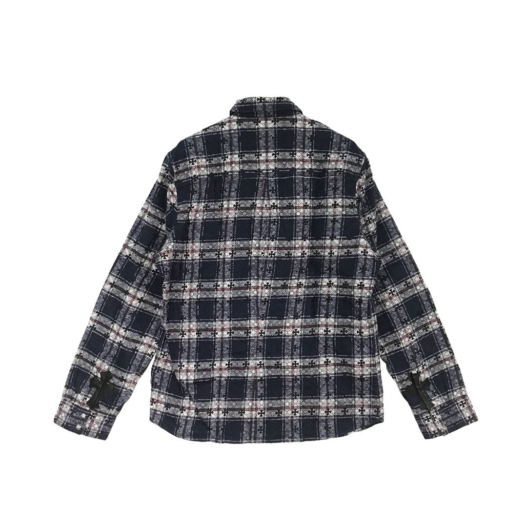 Chrome Hearts Blue & Black Mongram Cross Silver Button Flannel Shirt - SHENGLI ROAD MARKET