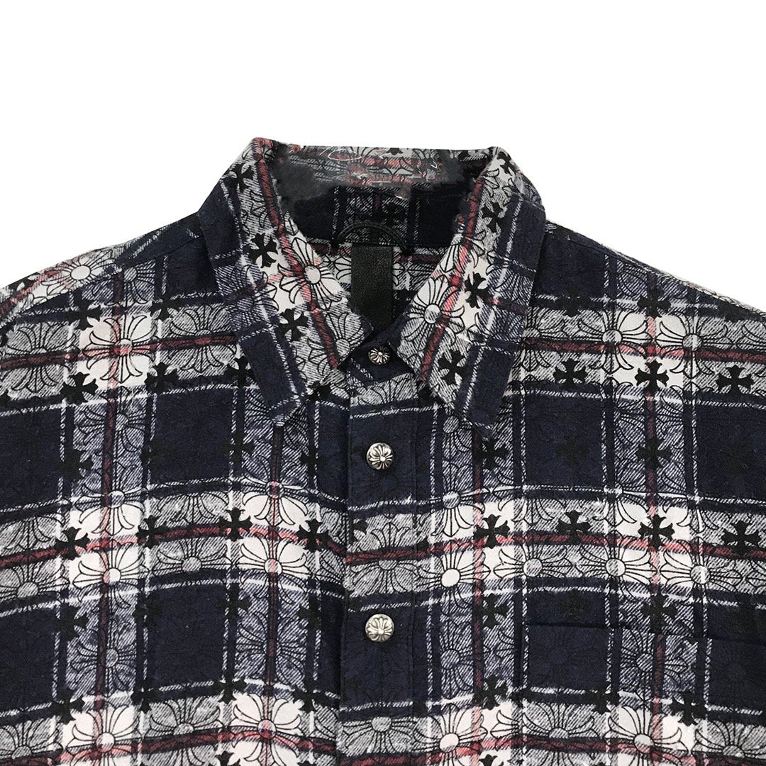 Chrome Hearts Blue & Black Mongram Cross Silver Button Flannel Shirt - SHENGLI ROAD MARKET