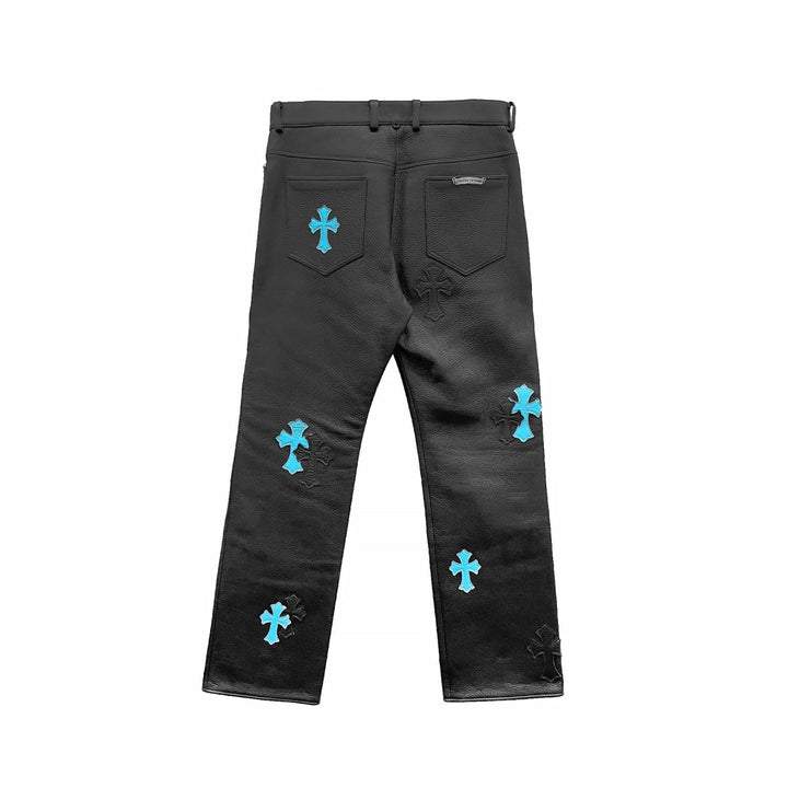 Chrome Hearts Blue Leather Cross Patch Leather Pants - SHENGLI ROAD MARKET