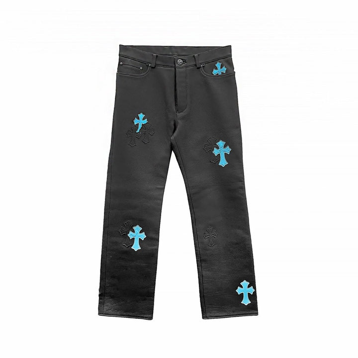 Chrome Hearts Blue Leather Cross Patch Leather Pants - SHENGLI ROAD MARKET