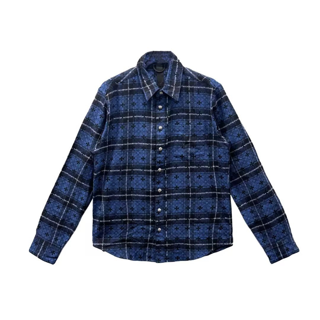 Chrome Hearts Blue Mongram Cross Silver Button Flannel Shirt - SHENGLI ROAD MARKET