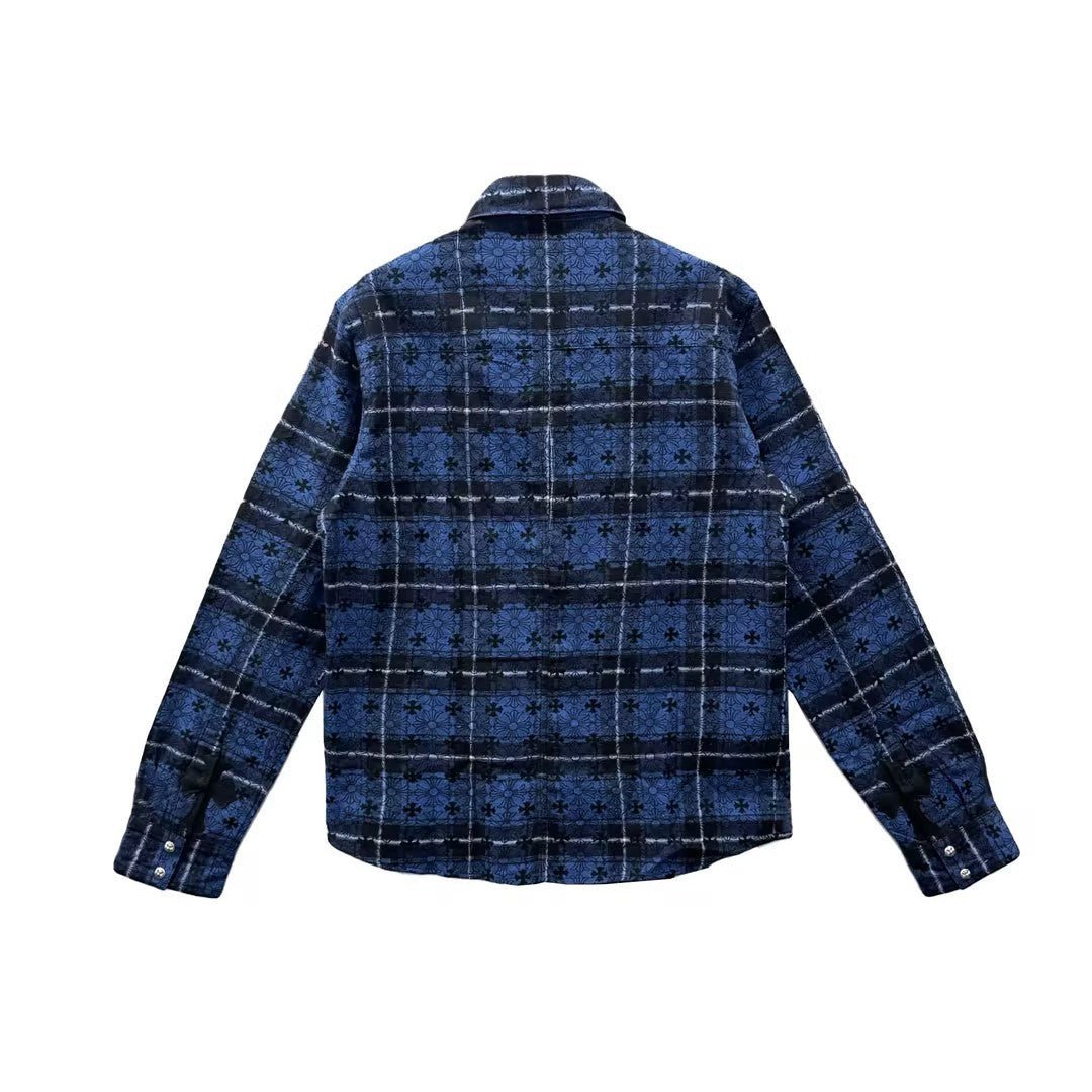 Chrome Hearts Blue Mongram Cross Silver Button Flannel Shirt - SHENGLI ROAD MARKET