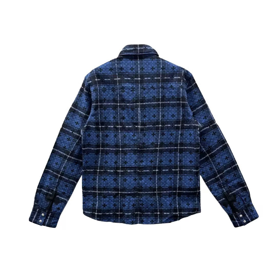 Chrome Hearts Blue Mongram Cross Silver Button Flannel Shirt - SHENGLI ROAD MARKET