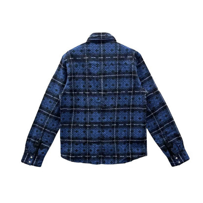 Chrome Hearts Blue Mongram Cross Silver Button Flannel Shirt - SHENGLI ROAD MARKET