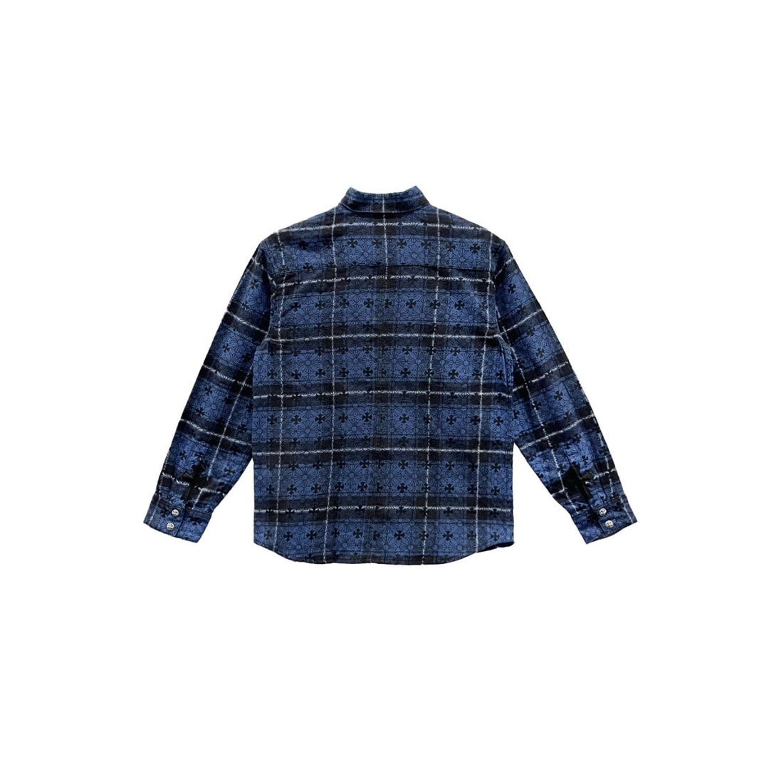 Chrome Hearts Blue Monogram Cross Silver Button Flannel Shirt For Kids - SHENGLI ROAD MARKET