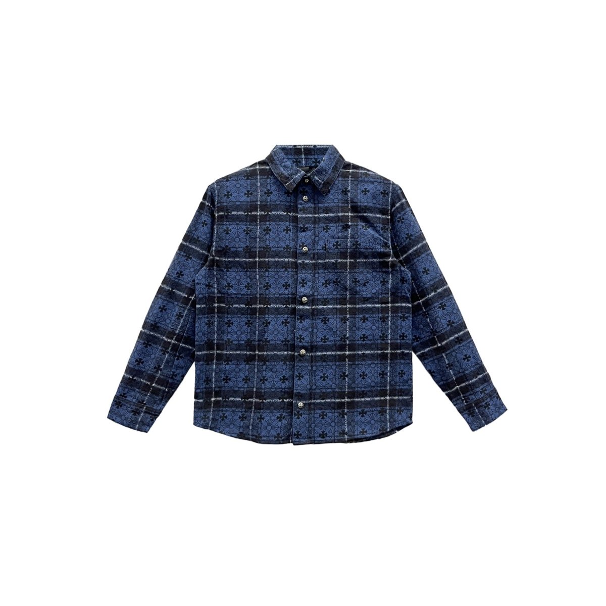 Chrome Hearts Blue Monogram Cross Silver Button Flannel Shirt For Kids - SHENGLI ROAD MARKET