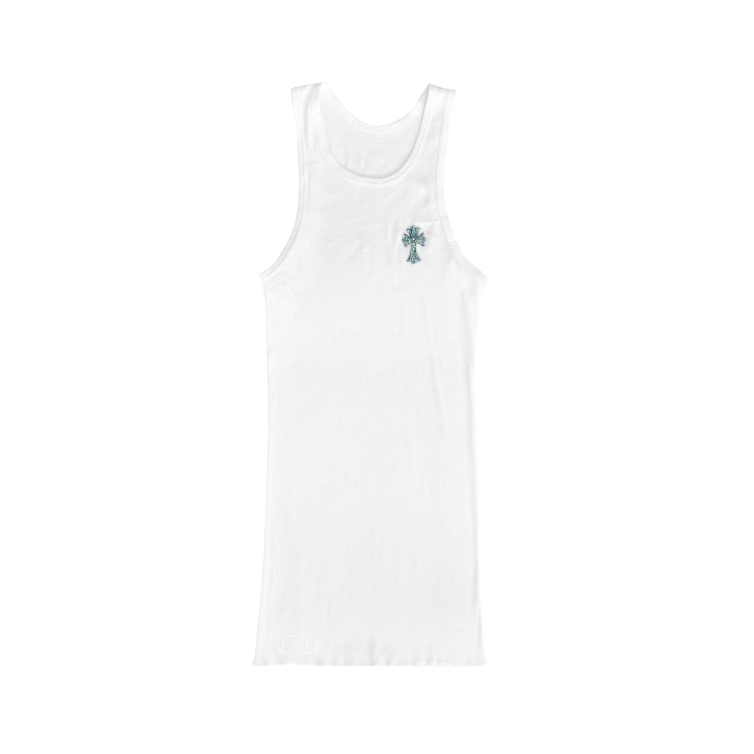 Chrome Hearts Blue Rhinestone Beaded Cross White Rib Tank Top - SHENGLI ROAD MARKET