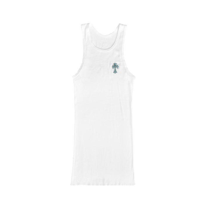 Chrome Hearts Blue Rhinestone Beaded Cross White Rib Tank Top - SHENGLI ROAD MARKET