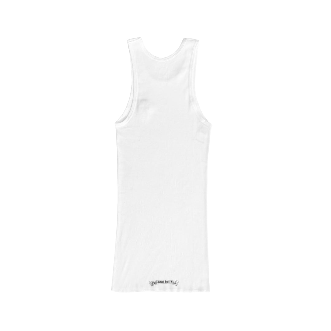 Chrome Hearts Blue Rhinestone Beaded Cross White Rib Tank Top - SHENGLI ROAD MARKET