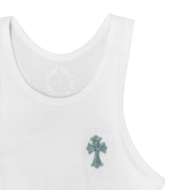 Chrome Hearts Blue Rhinestone Beaded Cross White Rib Tank Top - SHENGLI ROAD MARKET