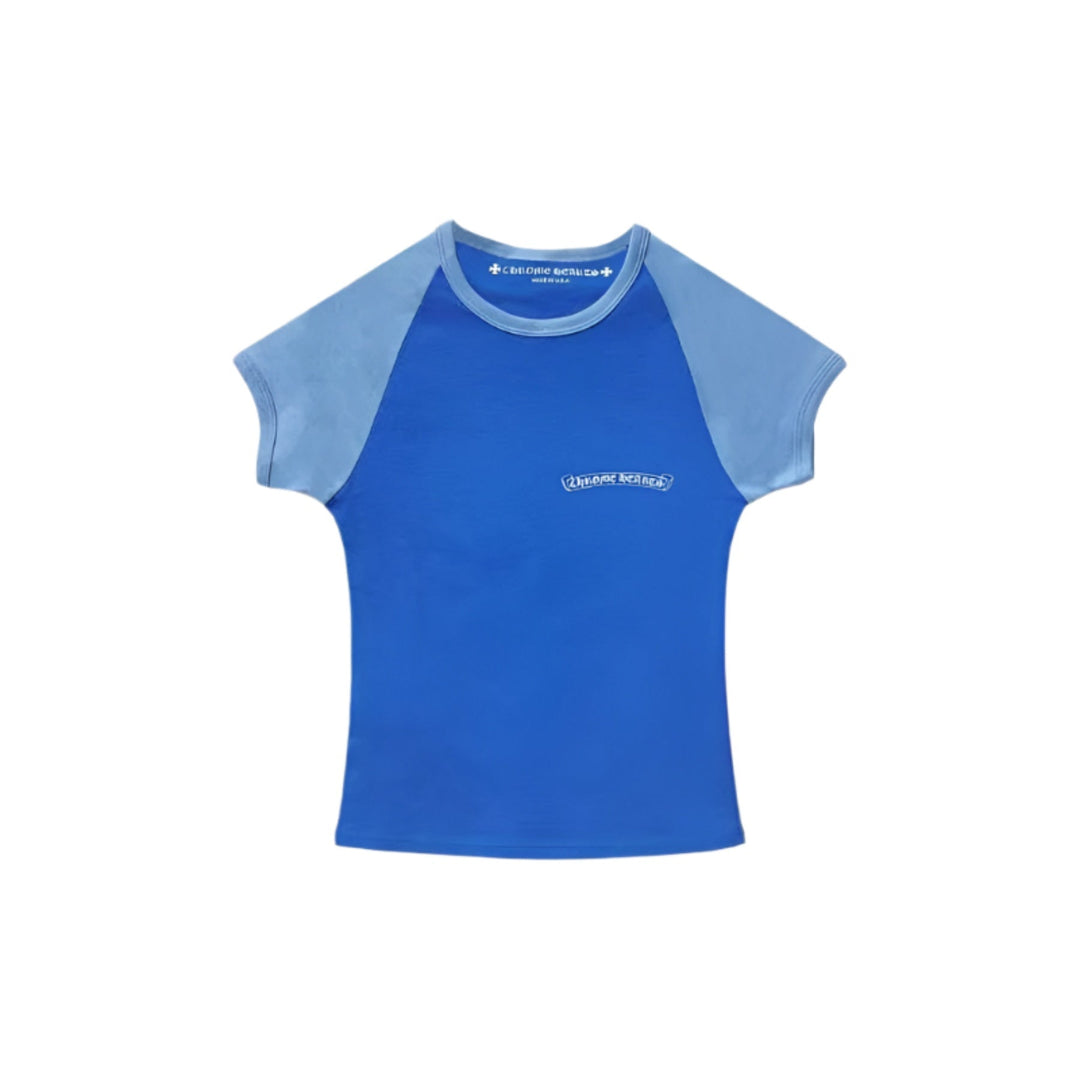 Chrome Hearts Blue Scroll Logo Cropped Short Sleeve T-Shirt - SHENGLI ROAD MARKET