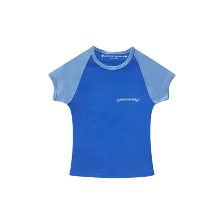 Chrome Hearts Blue Scroll Logo Cropped Short Sleeve T-Shirt - SHENGLI ROAD MARKET