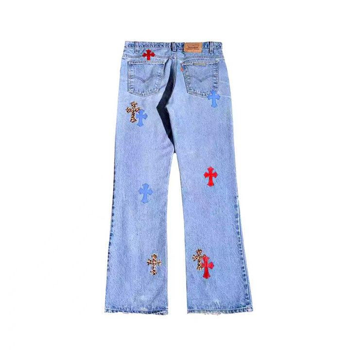 Chrome Hearts Blue&Red&Leopard Cross Patch Light Blue Jeans - SHENGLI ROAD MARKET