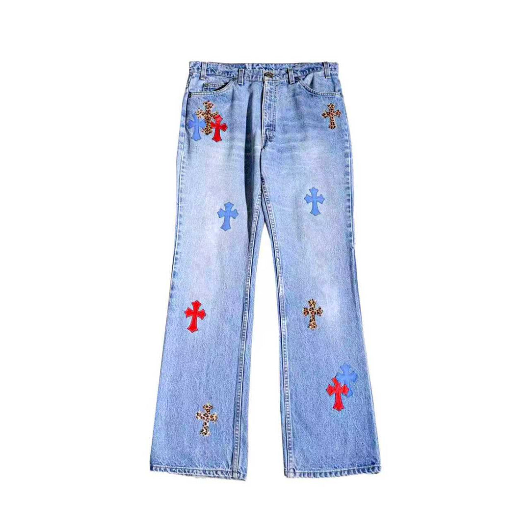 Chrome Hearts Blue&Red&Leopard Cross Patch Light Blue Jeans - SHENGLI ROAD MARKET