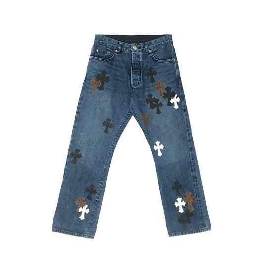 Chrome Hearts Brown & Black Cross Patch Denim Jeans - SHENGLI ROAD MARKET