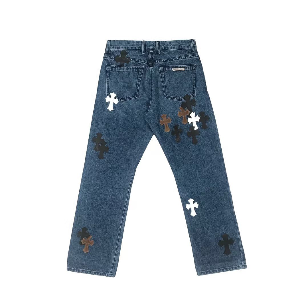 Chrome Hearts Brown & Black Cross Patch Denim Jeans - SHENGLI ROAD MARKET