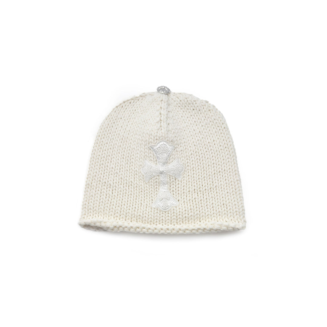 Chrome Hearts Cashmere Beaded Cross Patch White Beanie - SHENGLI ROAD MARKET