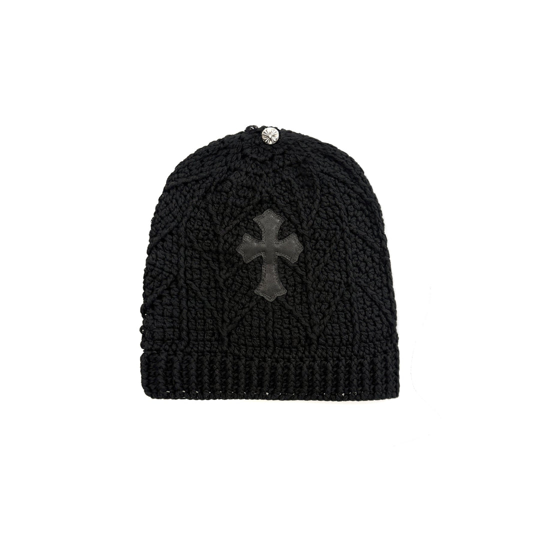 Chrome Hearts Cashmere Cross Leather Patch Black Beanie - SHENGLI ROAD MARKET