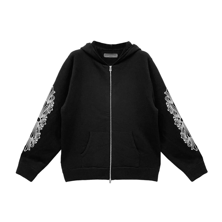 Chrome Hearts Cashmere Embroidered Floral Sleeve Black Zip Up Hoodie - SHENGLI ROAD MARKET