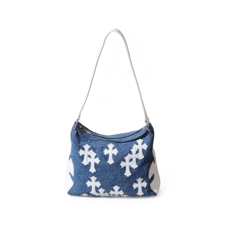 Chrome Hearts Cemetery Cross Blue Denim White Leather Multi Cross Patch Shoulder Bag - SHENGLI ROAD MARKET