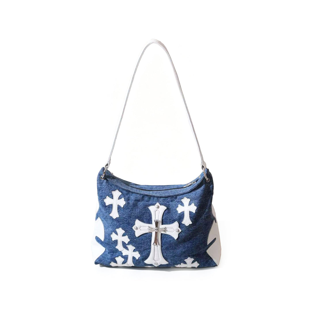 Chrome Hearts Cemetery Cross Blue Denim White Leather Multi Cross Patch Shoulder Bag - SHENGLI ROAD MARKET