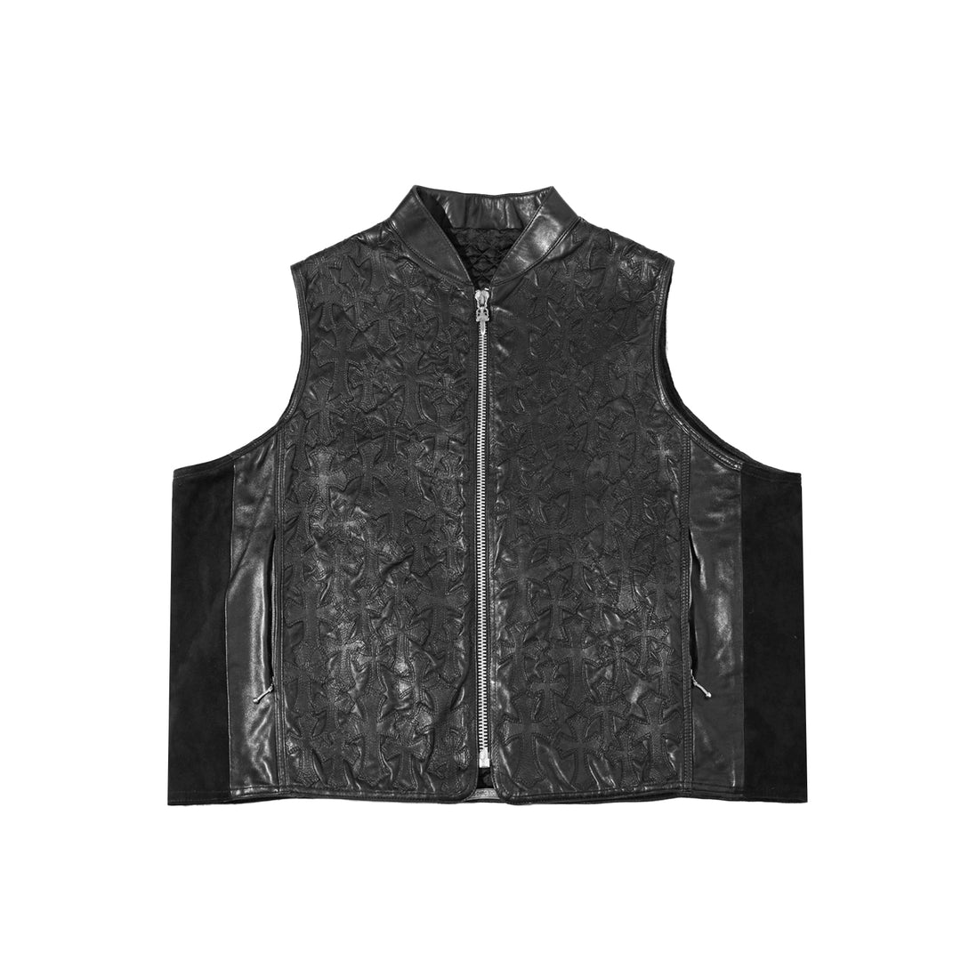 Chrome Hearts Cemetery Cross Patch Black Quilted Suede&Leather Vest - SHENGLI ROAD MARKET